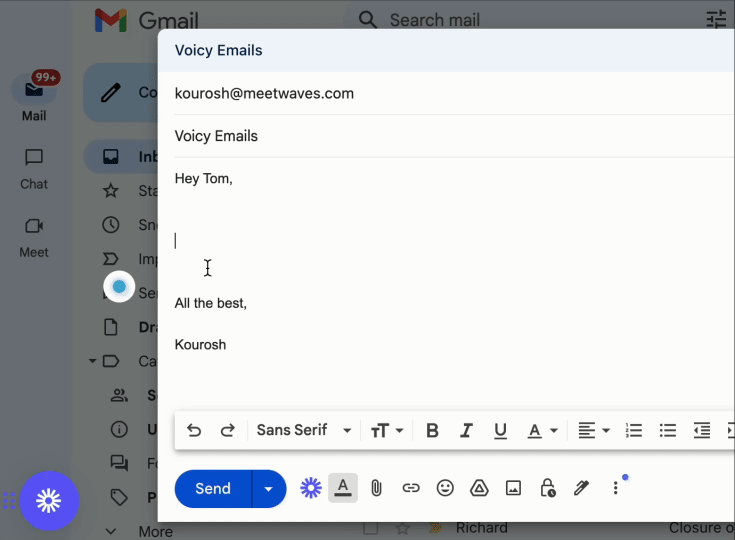 Voicy dictating an email in Gmail