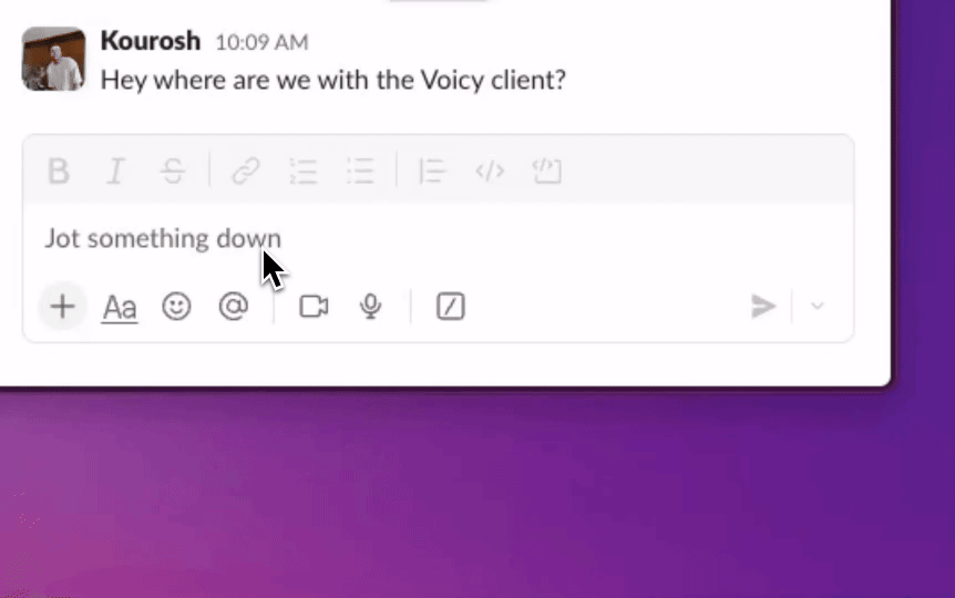 Voicy dictating a reply in Slack